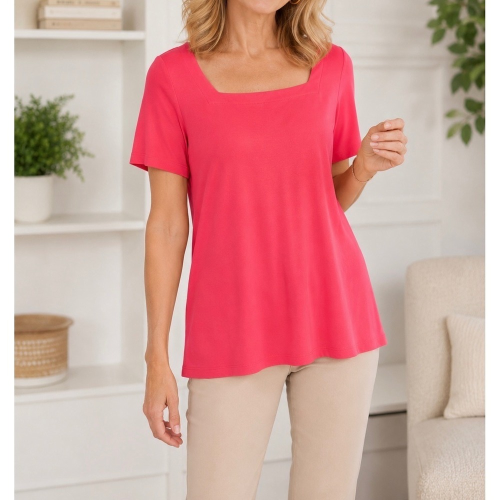 Denim & Co Essentials Womens XL Pink Square Neck Short Sleeve 100% Cotton Tee